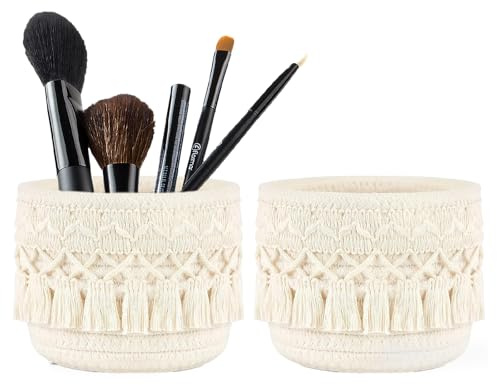 Qwrqwr 2 Stück Schminktisch Korb Geflochten Zubehör Organizer Pinselhalter Kosmetik und Schminkpinsel Behälter Boho-Stil Aufbewahrungskorb