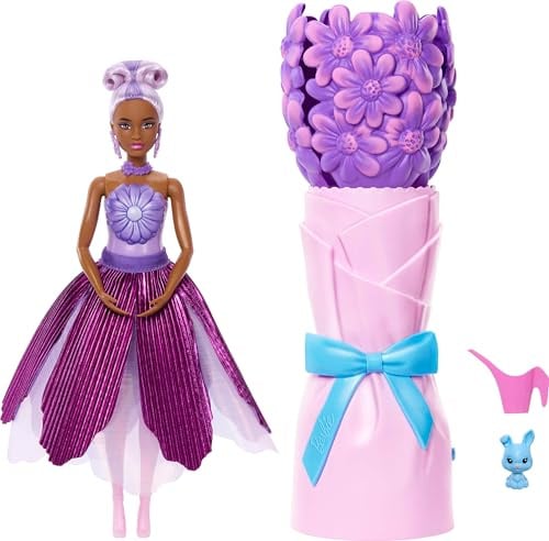 Barbie Petal Pop Duftpuppe und Zubehör | Modepuppe im lila Blumenkleid, Blumenstrauß-Überraschung mit Häschen und Zubehör, ab 3 Jahren, JMF58