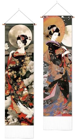 PLIGREAT 2 Packung Wandteppich Im Japanischen Stil Vintage Geisha Vertikaler Wandbehang Mit Quasten Dekorativer Ästhetischer Langer Wandteppich Für Schlafzimmer Wohnzimmer Heimdekorationen 130 x 33cm
