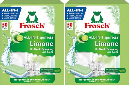 Frosch Limonen Geschirrspül-Tabs, umweltfreundlich, mit wasserlöslicher Folie, für die tägliche Reinigung von Besteck und Geschirr, 50 Tabs, 50 stück (Packung mit 2)