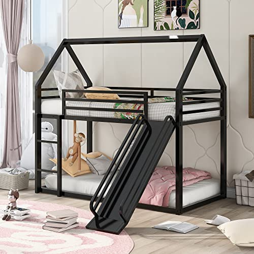 Lit Superposé Cabane avec Toboggan en Métal, 2 Places 90x190 cm, Lit Toboggan pour Garçon ou Fille,Avec échelle,Barrière de sécurité,Toit,Lit Cabane,Cadre de lit avec glissière Convertible,Noir
