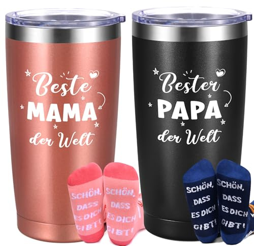 Livole Mama und Papa Geschenke, Geschenk für Eltern - Beste Mama der Welt - Bester Papa der Welt - 600ml Thermobecher