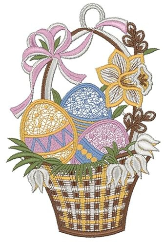 Fensterbild Fensterdeko Fensteranhänger mit Saugnapf aus Spitze Stickerei Frühling Ostern Motiv Osterkorb