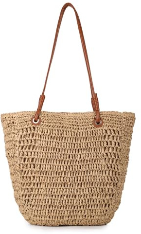 Freiesoldaten Sac Fourre-tout en Paille pour Femmes, Grand Sac de Plage Tressé à main, Anses en Cuir, Sac d’été Décontracté Bohème, pour les Vacances, les Voyages et les Courses