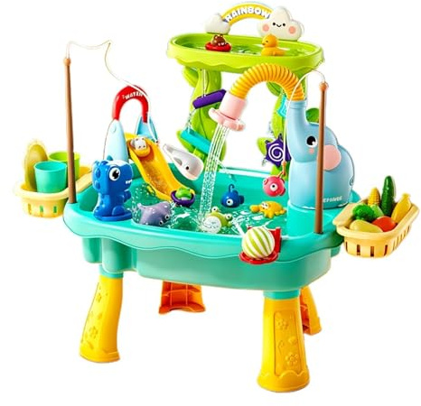 Tavolo Acqua per Bambini con Pompa Elettrica, Centro Attività 4-in-1 con Lavello Giocattolo, Gioco di Pescas e Accessories Cucina, Giochi da Esterno e Giardino, Regalo per Bimbi 1-8 Anni, 60x43x48 cm