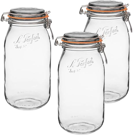 Le Parfait Super Jar - 2L French Glass Canning Jar w/Round Body, Airtight Rubber Seal & Glass Lid, 64oz/2 Quarts (Pack of 3) Stainless Wire