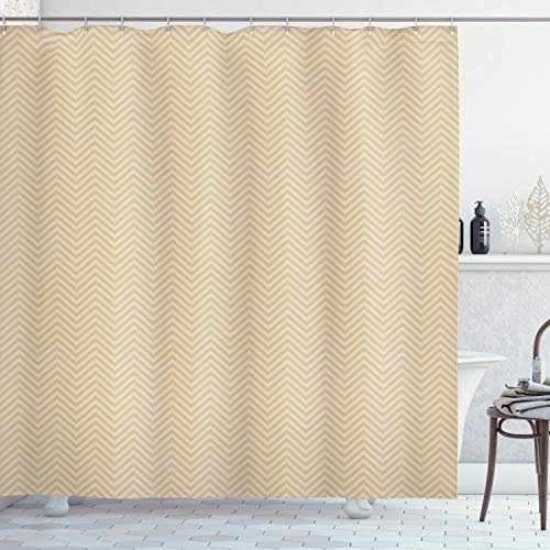 ABAKUHAUS Geometrisch Duschvorhang, Zig Zag Chevron Retro, Stoffliches Gewebe Badezimmerdekorationsset mit Haken, 175 x 180 cm, Kadett Blau Orange
