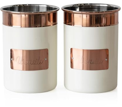Set of 2 x 18cm Cream & Copper Coloured Kitchen Utensil Storage Pot
