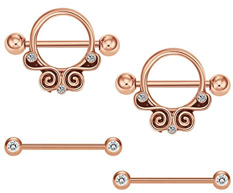 MODRSA 14G Stainless Steel Nipple Rings Punk Style Tongue Rings Barball Body Jewellery Piercing for Women Men 4PCS - Rose gold