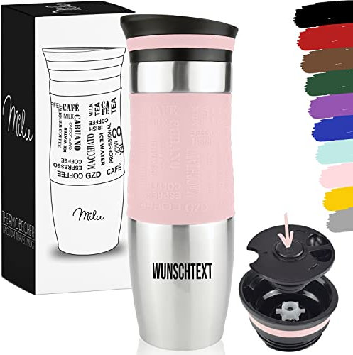 Milu Thermobecher 450ml mit Gravur - als Geschenk-Idee Ostern, Vatertag, Muttertag, Weihnachten, Einschulung, Liebesgeschenk, Geburtstag, Frauen und Männer Mama Papa Kinder (Rosa + Gravur)