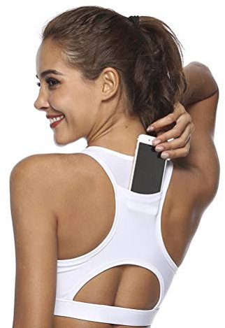 ZXYWW Yoga-BH Mit Handytasche, Sportoberteil, Fitness-Push-Up-Fitnessstudio Für Frauen Mit Stoßfester Blumenhemd-Kompressionssportweste,Weiß,M