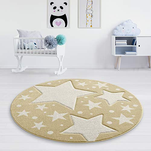 Taracarpet Kinderzimmer und Jugendzimmer Teppich Dreamland Kinderzimmerteppich Sterne gelb Creme 120 cm rund
