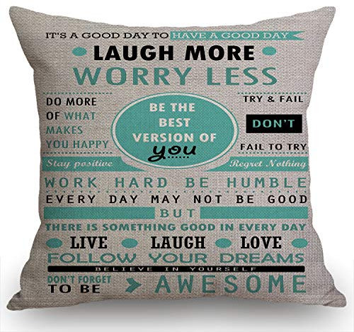 Swono Kissenbezug mit inspirierenden Zitaten Laugh More Worry Less Don't Forget to Be Awesome aus Baumwollleinen, 45,7 x 45,7 cm für Sofa Couch
