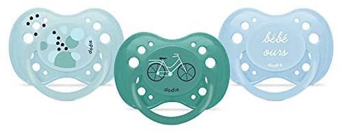 Set mit 3 Schnullern, anatomisch, +18 Monate, BPA-frei, robust, Bébé Ours/blaue Flecken/Fahrrad