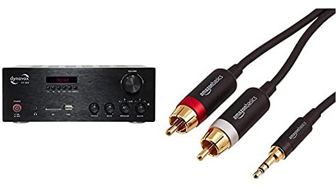 Dynavox Stereo Kompakt-Verstärker VT-80 schwarz, Anschluss-Terminals für 4 Lautsprecher, 25x18x9.5cm & AmazonBasics PBH-19821 Cinch-Audiokabel, 3,5-mm-Klinkenstecker auf 2 x Cinch-Stecker, 1,22 m