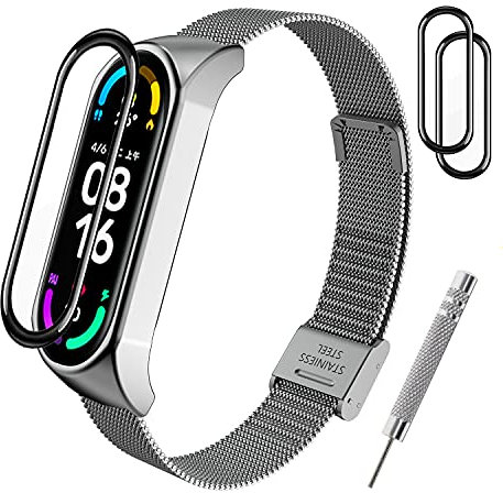 BANGTING Armband Metall Kompatibel mit Xiaomi Mi Band 3/4 / 5/6, Ersatzarmband für Mi Fit Band 6 NFC Ersatzbänder Miband 5 Edelstahl Armbänder Strap (Silber + 2 Schutzfolie)