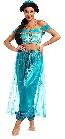 Bauchtanz Jasmin Kostüm - Aladdin Halloween Outfit Prinzessin Kostüme Blaugrün für Damen (L)