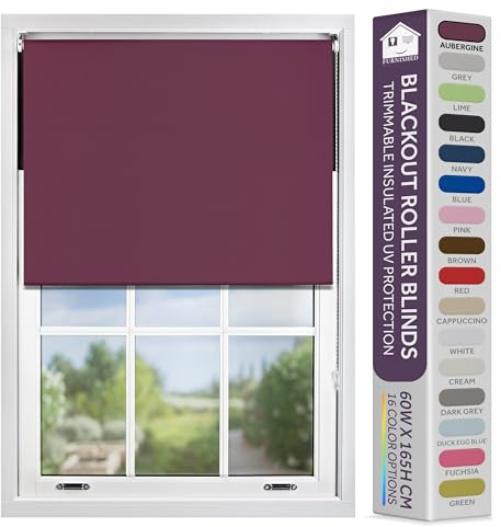 FURNISHED Blackout Roller Blind with Metal Fittings Trimmable Insulated Thermal Fabric Heavy-duty Easy Install Brackets Window Roller Blinds - Aubergine, 205W x 210H cm