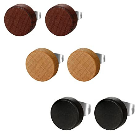 Flongo Holz Ohrstecker Ohrschmuckset, 6 Stück 12mm Stecker kleine runde Ohrringe Kaffee Braun Schwarz Fake Plug Tunnel Piercing Ohrschmuck für Männer Frauen