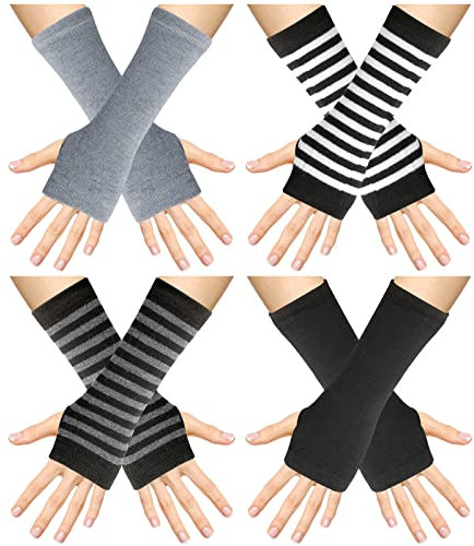 WLLHYF Fingerlose Handschuhe, Cosplay, Armwärmer, Kawaii, schwarz, Ellenbogen, warme Beinstulpen, Ärmel, gestreift, Gothic-Outfit, Mode, Gothic, Kleidung, Herbst, Winter, Zubehör, 4 Paar kurze Muster,