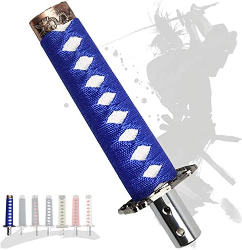 JINGLING Schaltknauf Samurai-Schwert Katana Manual Stick AT MT Auto Universal Custom Schalthebelkopf mit 4 Arten von Adaptern (Blau und Weiß, 20CM)