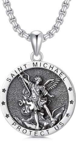 Shusukue St. Michael Kette 925er Sterling Silber, Erzengel Saint Michael Amulett Schutzpatron Halskette, Medaillen Gebetsmünzen Anhänger Christlicher Religiöser Schmuck für Frauen Männer