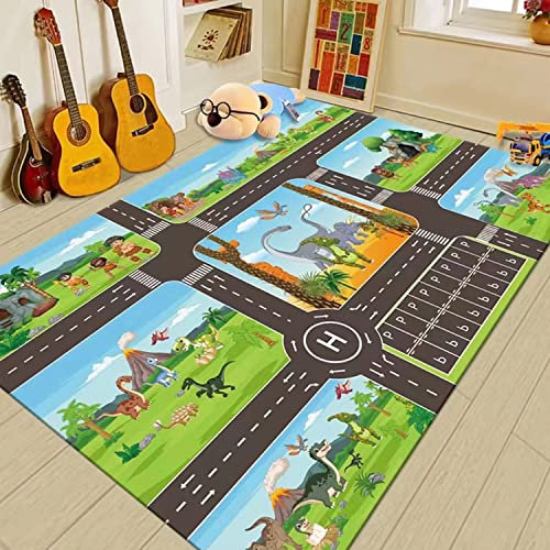 ZFHNYJWKL Kinderteppich Autoteppich Spielteppich Junge Auto Straße Haus Bauteppich Grau Blau Grün (D,200X300CM)