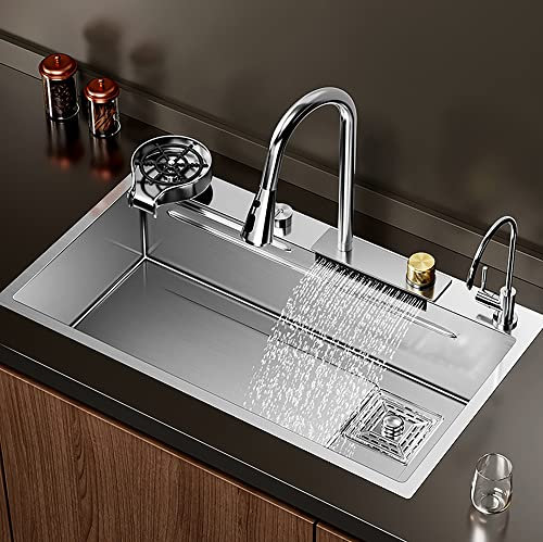 Lavello Cucina 1 Vasca 68x45cm/75x45cm,Lavandino Cucina Lavello Ad Incasso Lavandino Bagno, Lavandino Da Esterno Con Gocciolatoio,Rubinetto E Lavabicchieri, Set Di Drenaggio, Da Incasso E Sottotop ( C
