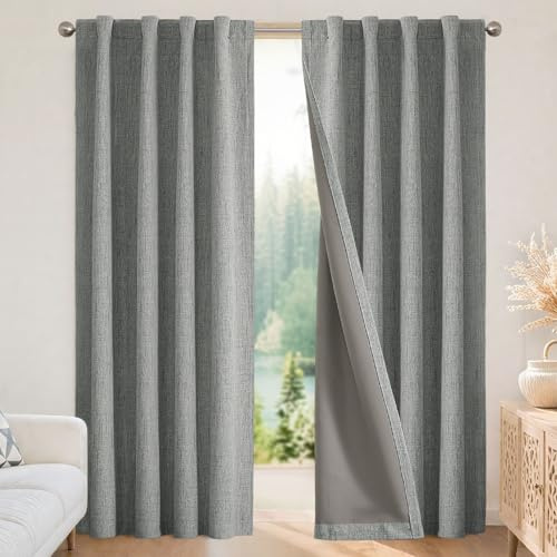 Joydeco 100% Blackout Curtains 108 inches Long Natural Linen Drapes 2 Panels Set Burg for Bedroom Living Room Black Out Darkening Curtain Thermal Insulated Back tab Rod Pocket(52x108 inch,Light Grey)