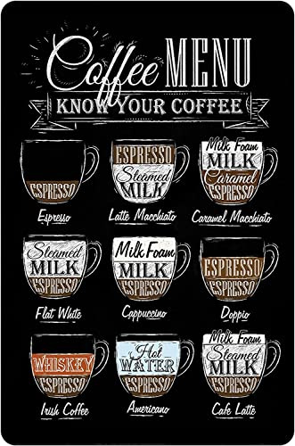 Coffee Bar Metal Sign Coffee Menu Know Your Coffee Tin Sign Coffee Station Retro Vintage Signs Bar Wall Decor Coffee Decor for Coffee Bar 8 X 12 Inches