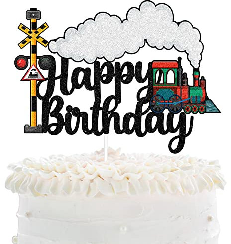 Retro Steam Train Happy Birthday Cake Topper - Transportation Train Railroad Crossing Glitter Cake Topper For Kids - Railway Steam Train Birthday Party Decoration