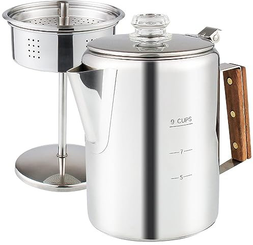 APOXCON Vielseitig verwendbarer Kaffee-Perkolator für den Innenbereich, Induktionskochfeld, Elektroherd, Lagerfeuer-Herd, Camping-Kaffeekanne mit Glasknopf, 9 Tassen