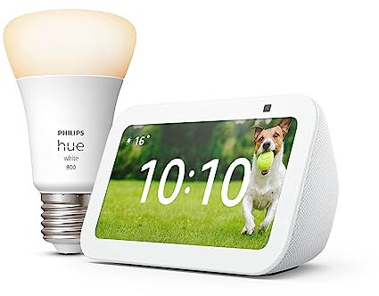 Echo Show 5 (3e génération) | Blanc + Philips Hue White ampoule connectée (E27), Fonctionne avec Alexa - Kit de démarrage Maison connectée