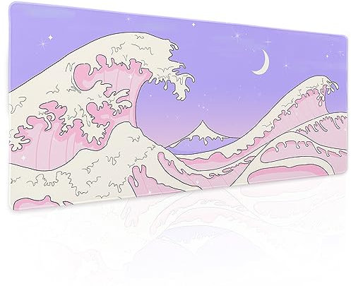 Pink Purple Japanese Anime Gaming Mouse Pad XL Cute Kawaii Aesthetic Sea Wave Extended Large Desk Mat Non-Slip Rubber Base Stitched Edge Long Keyboard Mousepad for PC Computer Laptop,31.5×11.8 in