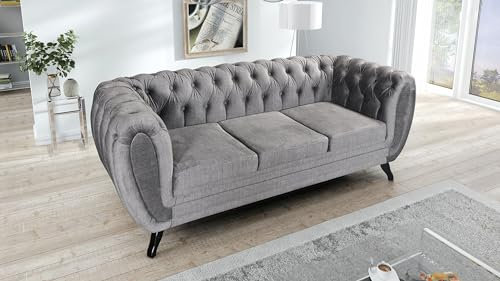 Kuechen-preisbombe Edles Chesterfield Sofa 3 Sitzer Velours grau Couch Polstersofa Wohnlandschaft