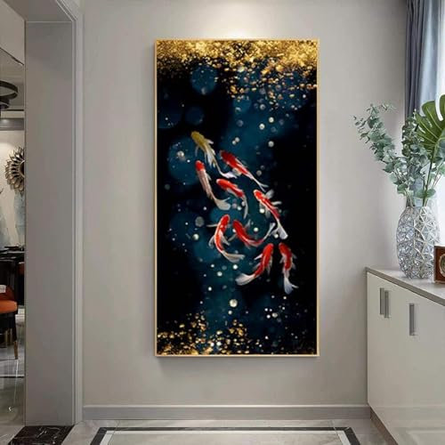 AWKFHF Koi Fisch Lotus Teich Bilder,Leinwandbild Poster Kunstdruck Wohnzimmer Deko Schlafzimmer Bilder Wanddekoration (40X80CM,ohne Rahmen)