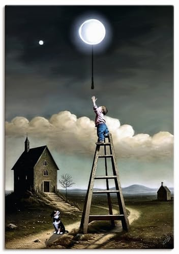 ARTLAND Wanddeko Leinwand Bilder Wandbild Kinderzimmer Deko Leiter Junge Mond Lampe Licht Nacht Fantasy Märchen U4ZY
