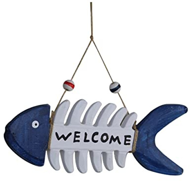 Cabilock Fisch Deko Holz Fischskelett Willkommen Schild 27X9.5cm Mediterrane Strand Zubehör Wanddekoration Mit Seil Für Zuhause Geschäft Und Café Strand Thema