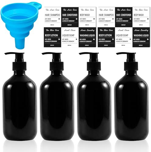 4 Stück 500 ml Seifenspender: Shampoo Flaschen zum Befüllen mit Etiketten und Trichter, Seifenspender Schwarz Shampoo Spender für Flüssigseife Shampoo Conditioner Duschgel