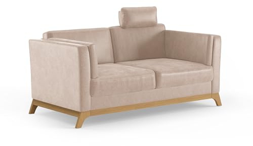 Cavadore 2,5er-Sofa Vida / 2,5-Sitzer Couch im trendigen Design mit massivem Holzrahmen in Eiche, Kopfstütze mit Kuschelkissen / 183 x 84 x 93 / Mikrofaser, Beige