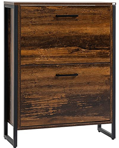 HOMCOM Industrial Shoe Cabinet with 2 Flip Drawers, Narrow Shoe Storage Cabinet for 12 Pairs, Freestanding Slim Shoe Rack for Entryway, Hallway, Rustic Brown