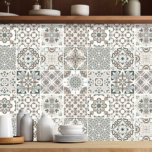 WALPLUS 24 Pièces Carreaux Adhesif Cuisine 15x15 cm Stickers Muraux Cuisine Amovible Carrelage Adhesif Mural Vintage Victorian Marron Credence Adhesive pour Cuisine