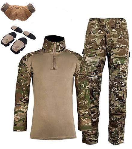 HAZARA Airsoft Ropa Uniformes De Manga Larga Rip-Stop Trajes Militares Tácticos con Coderas,Rodilleras Y Guantes De Combate Ideal para Paintball,Lucha,Caza,Camo-L