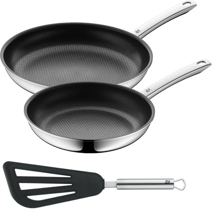 WMF Set 3-teilig Profi Resist Bratpfannen Induktion 24 cm und 28 cm Mehrschichtmaterial beschichtet, Wabenstruktur mit Profi Plus Pfannenwender Silikon 32 cm, Cromargan Edelstahl spülmaschinengeeignet