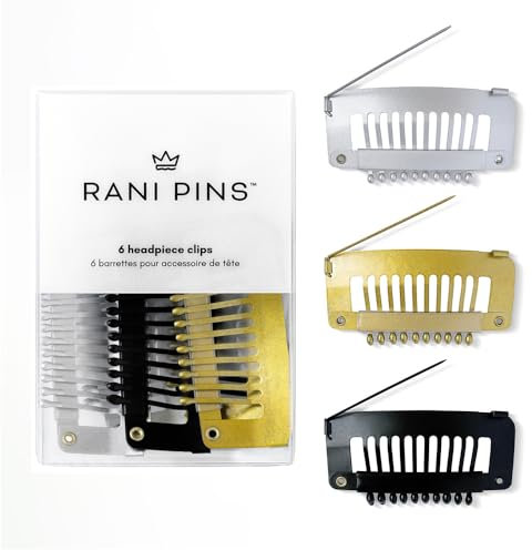 Rani Pins® Lot de 6 grandes pinces à cheveux robustes avec épingle à nourrice – Noir, doré et argenté – Attachez solidement les dupattas, chunni, hijab, voiles, perruques et plus encore aux cheveux