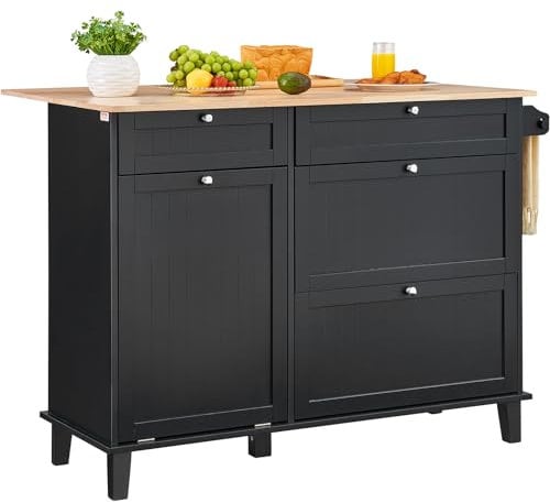 VEVOR Kitchen Island Cart, 50 Wood Top Breakfast Bar with Trash Cabinet Tilt Out 10 Gallon Storage, Farmhouse Dining Living Room Table with Drop Leaf, Towel Bar, Drawer, Black
