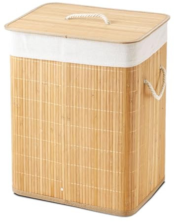 Acomoda Textil – Cesta de Bambú Plegable con Tapa y Asas para Lavandería de Gran Capacidad. Cesto Grande Organizador para la Ropa con Bolsa Extraíble y Lavable Color Madera. (40x30x60 cm)