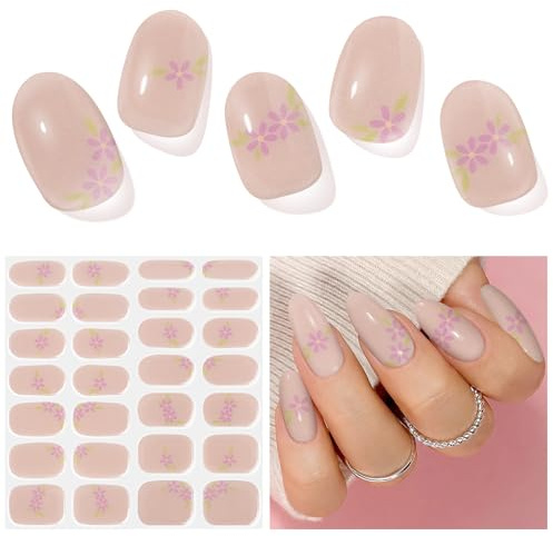 Semi Cured Gel Nail Strips - 28 Stickers, Self-Adhesive Wraps for Salon-Quality Manicure - Works With Any Nail Lamps