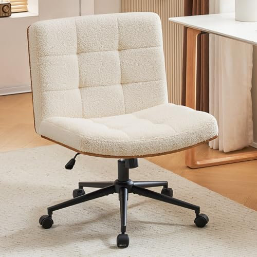 Furnimart Drehstuhl aus Holz mit überkreuzten Beinen und Rollen, zweilagiger, breiter Schreibtischstuhl mit Holzsitzstütze, bequem, armlos, höhenverstellbar, Schminkstuhl für Schreibtisch,