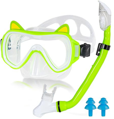 Taucherbrille Kinder, Schnorchelset Kinder mit 180° Anti-Fog Panorama-Weitblick Tauchmaske und Dry Schnorchel Schnorcheln Set Schwimmbrille geeignet für Geschenk
